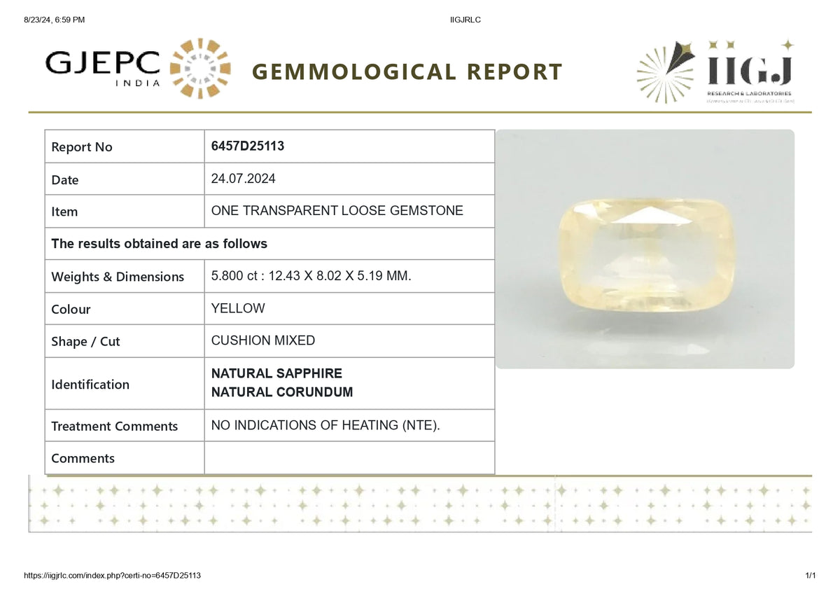 Natural Yellow Sapphire 5.80 Carats / 6.37 Ratti