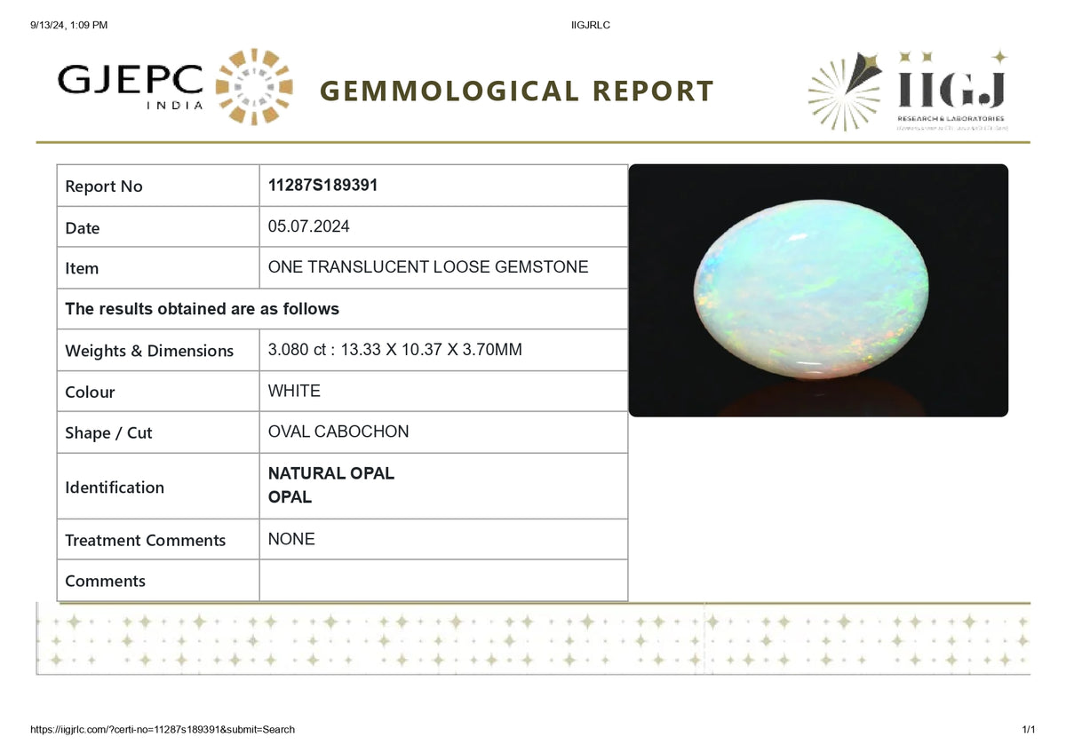 White Opal With Fire 3.08 Carats / 3.38 Ratti