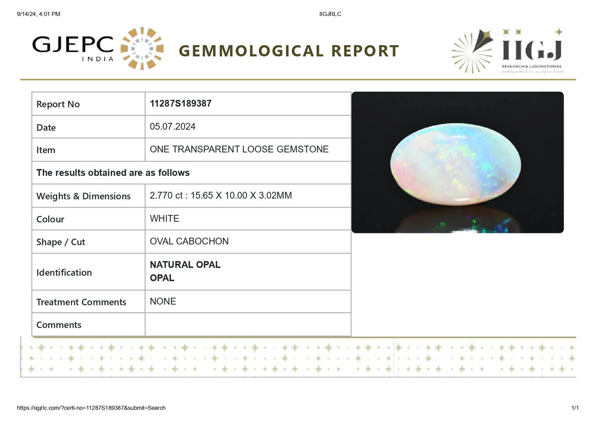 White Opal With Fire 2.77 Carats / 3.04 Ratti