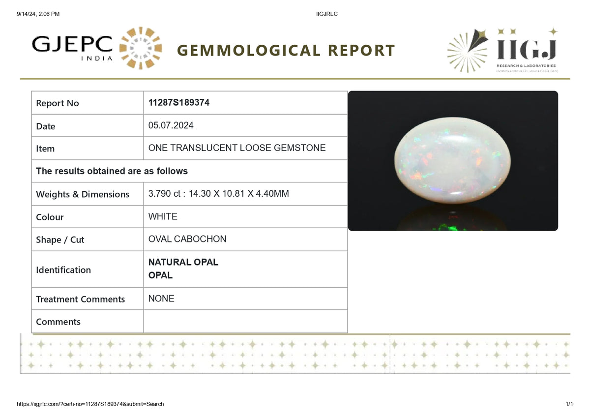 White Opal With Fire 3.79 Carats / 4.16 Ratti