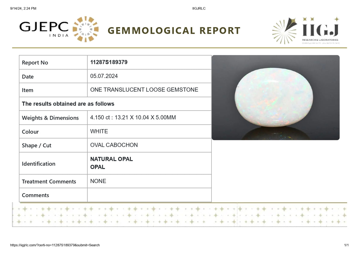 White Opal With Fire 4.15 Carats / 4.56 Ratti