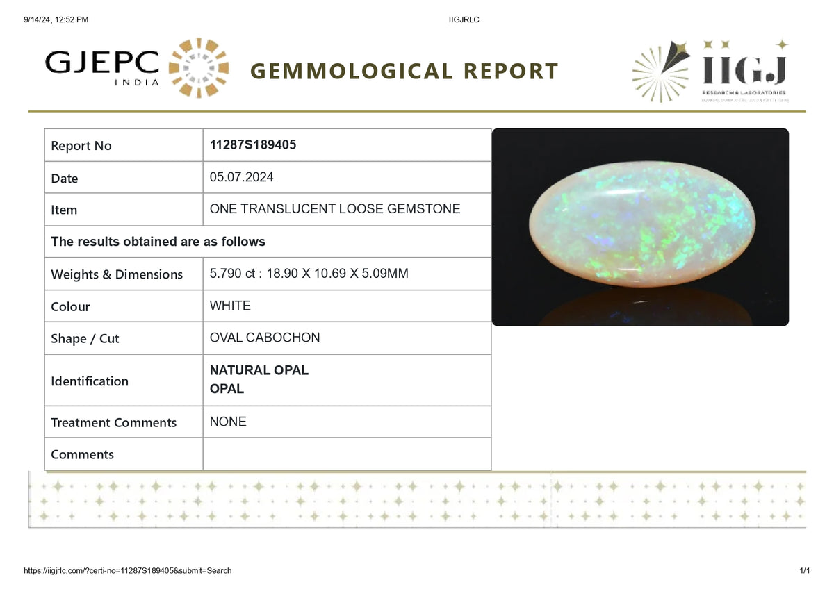 White Opal With Fire 5.79 Carats / 6.36 Ratti