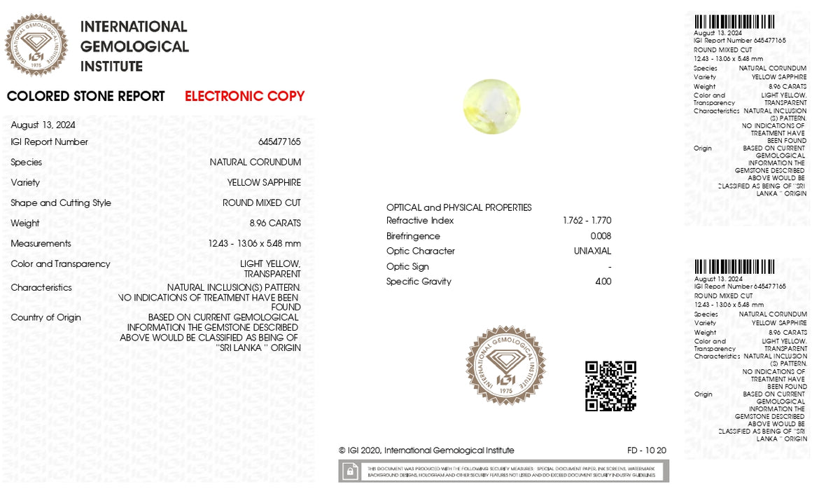 Natural Yellow Sapphire 8.96 Carats / 9.85 Ratti