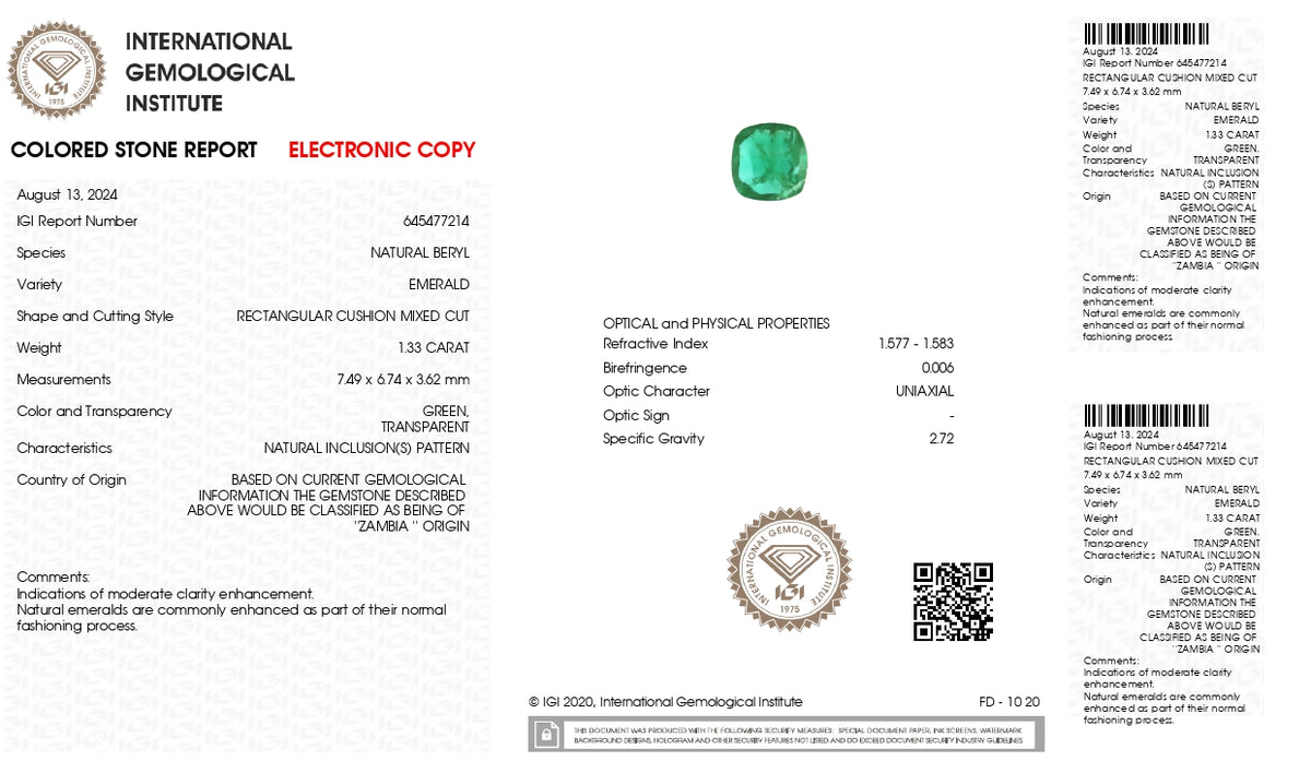 Zambian Emerald (Panna) 1.33 Carats / 1.46 Ratti