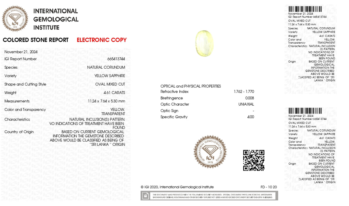 Natural Yellow Sapphire 4.61 Carats / 5.07 Ratti