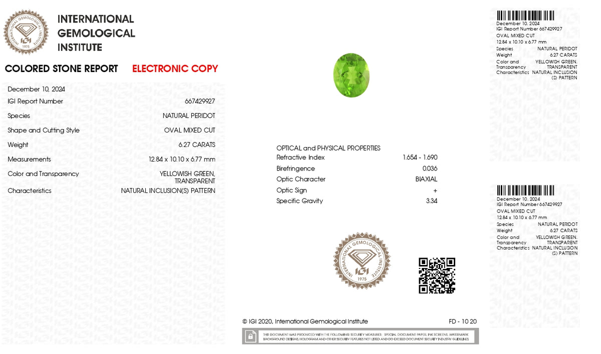 Natural Peridot 6.27 Carats / 6.89 Ratti