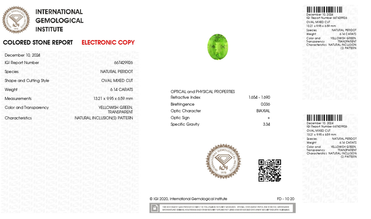Natural Peridot 6.14 Carats / 6.75 Ratti