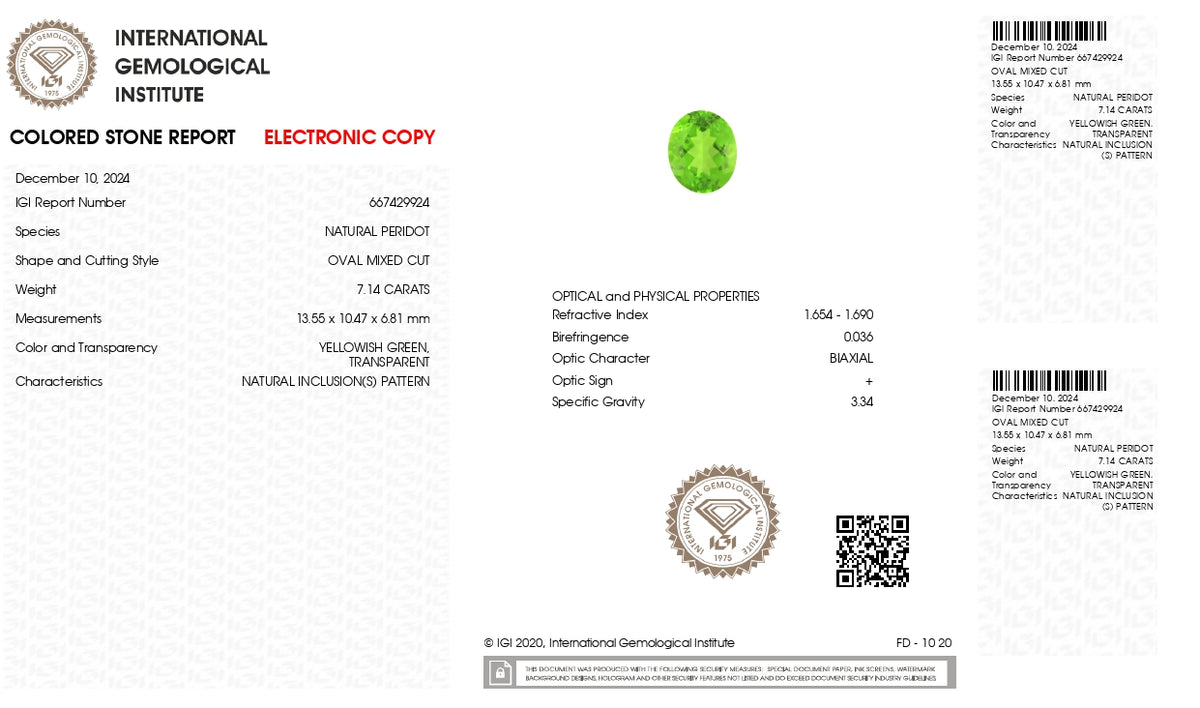 Natural Peridot 7.14 Carats / 7.85 Ratti