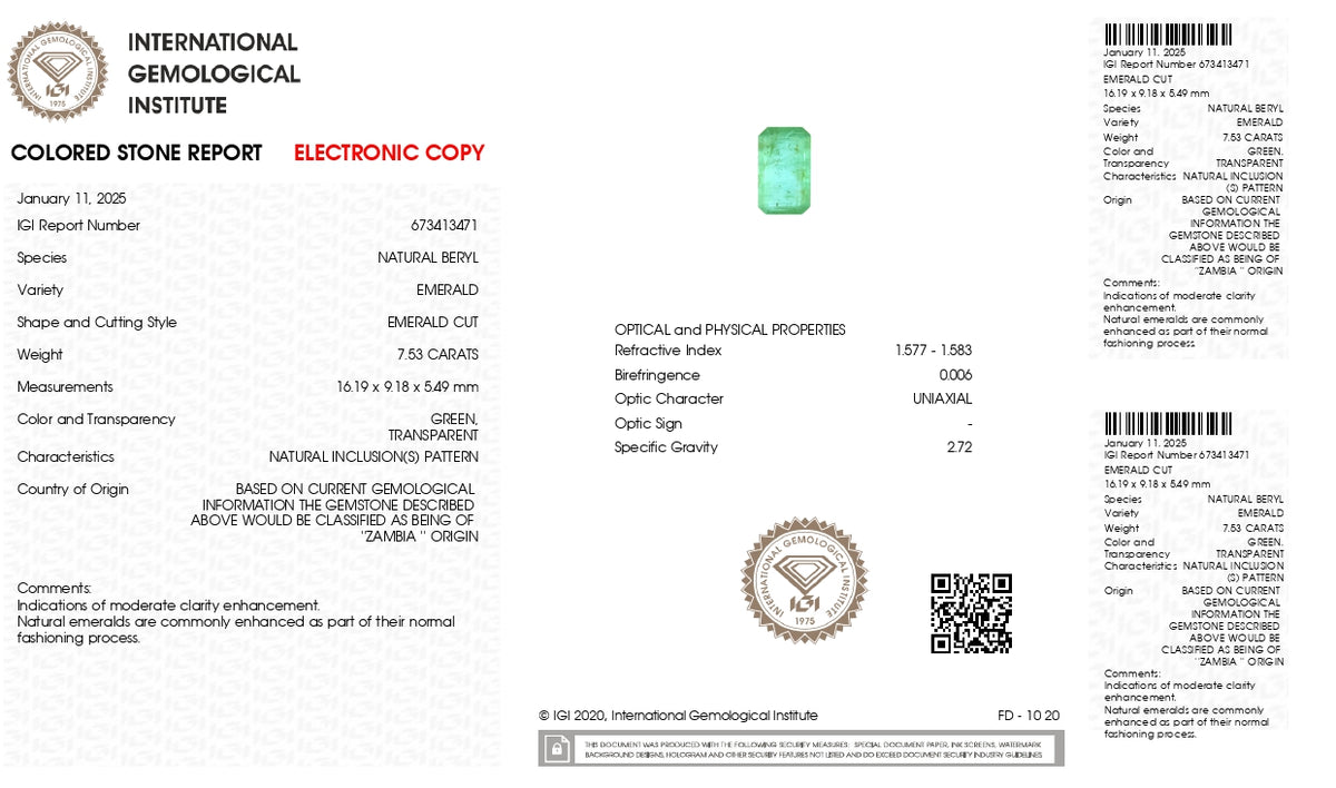 Zambian Emerald (Panna) 7.53 Carats / 8.27 Ratti
