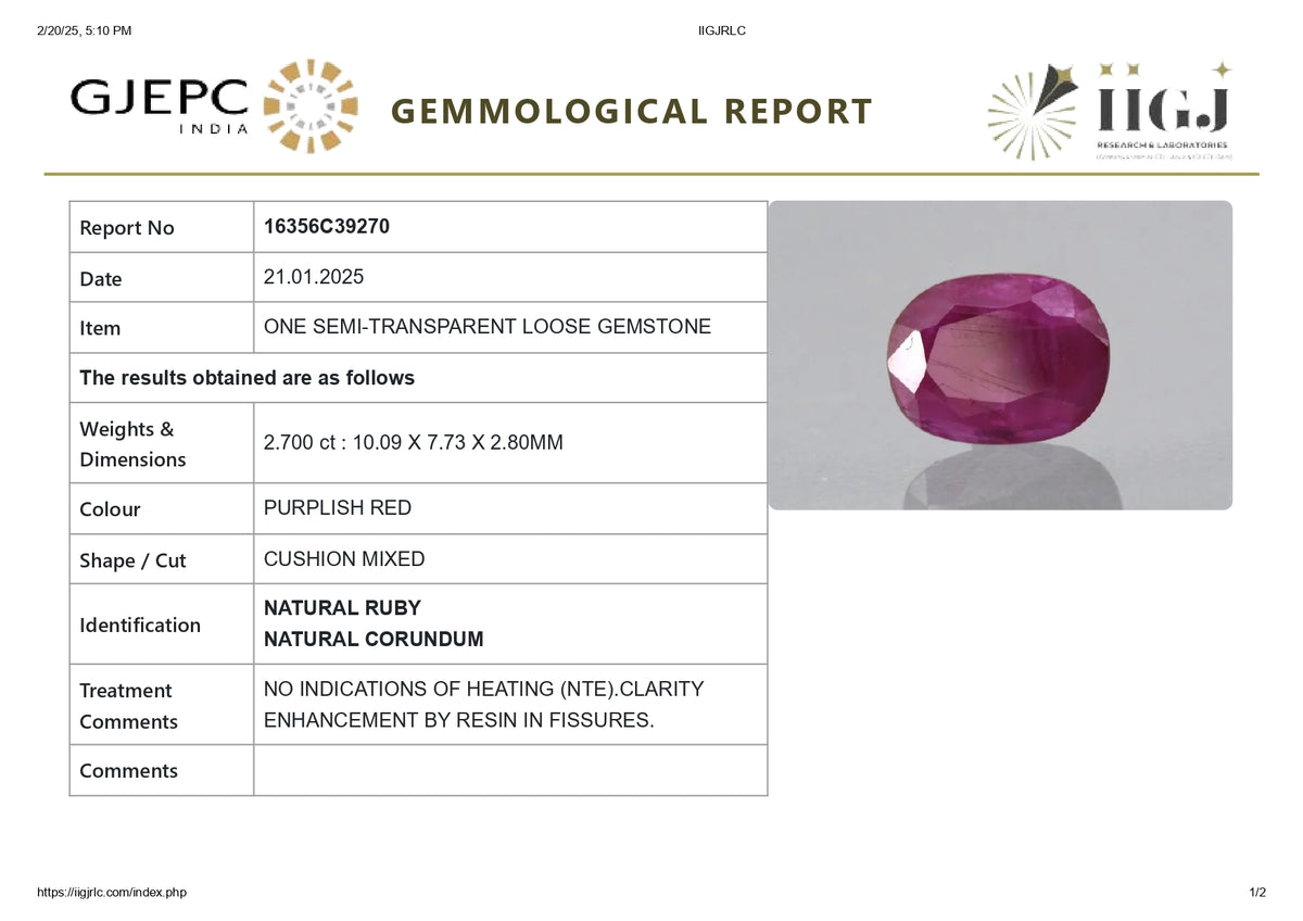 Burmese Ruby (Manik) 2.70 Carats / 2.97 Ratti