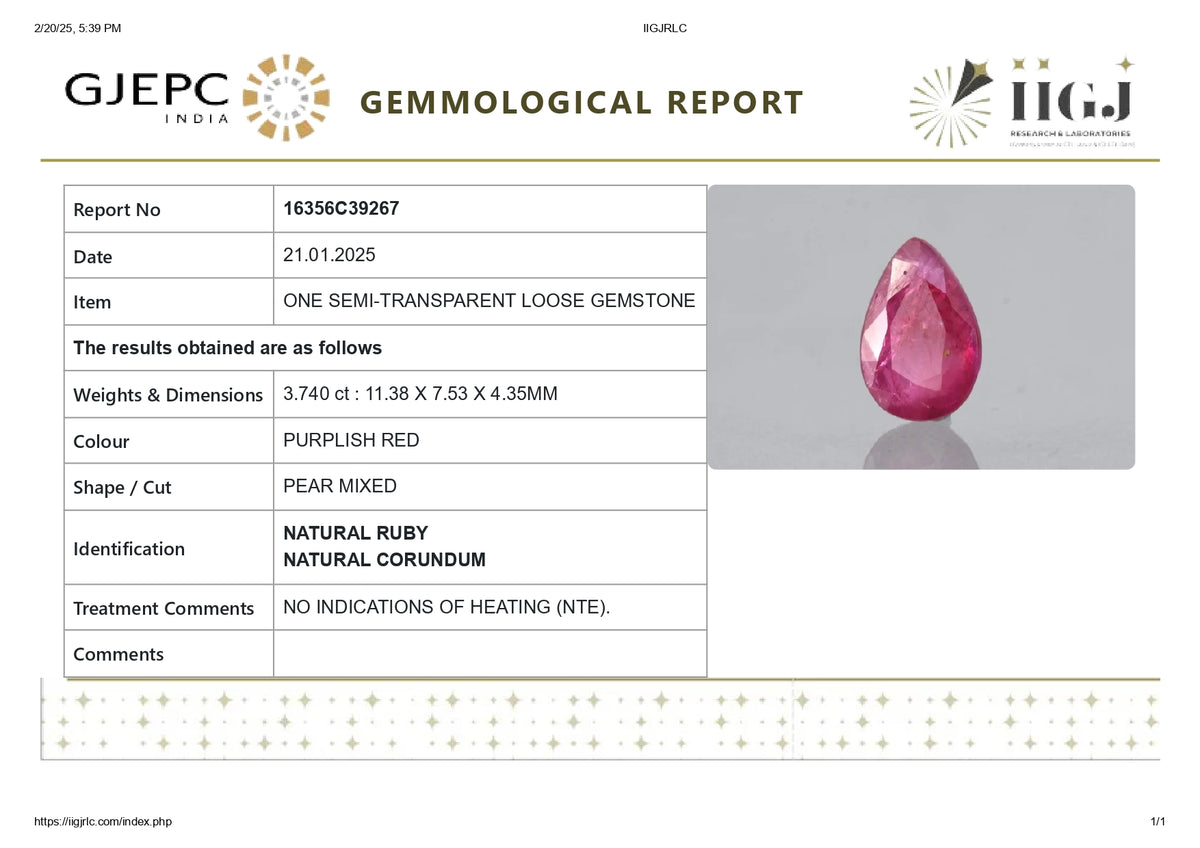 Burmese Ruby (Manik) 3.74 Carats / 4.11 Ratti
