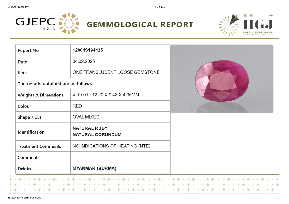 Burmese Ruby (Manik) 4.91 Carats / 5.4 Ratti