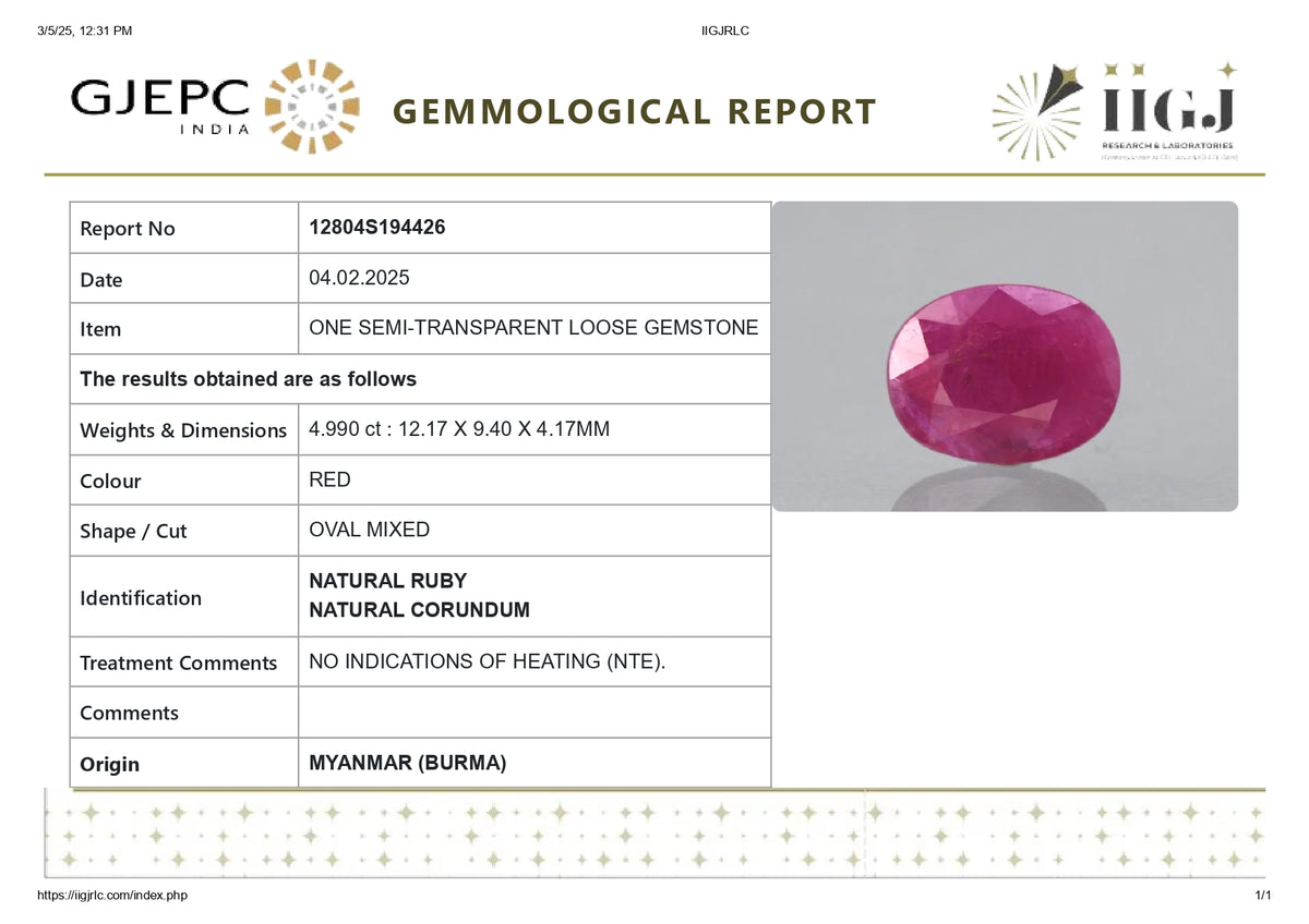 Burmese Ruby (Manik) 4.99 Carats / 5.48 Ratti