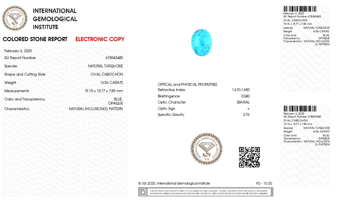 Irani Firoza (Turquoise) 16.56 Carats / 18.2 Ratti