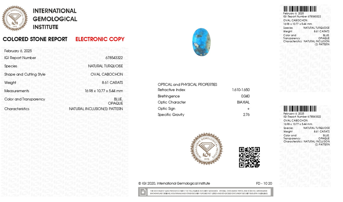 Irani Firoza (Turquoise) 8.61 Carats / 9.46 Ratti