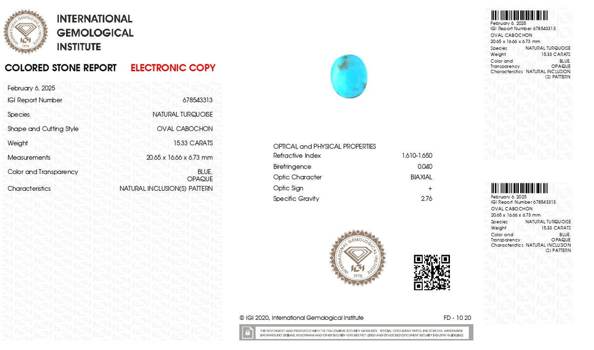 Irani Firoza (Turquoise) 15.33 Carats / 16.85 Ratti