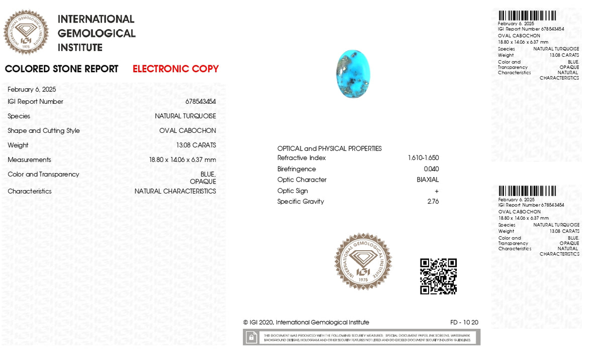 Irani Firoza (Turquoise) 13.08 Carats / 14.37 Ratti