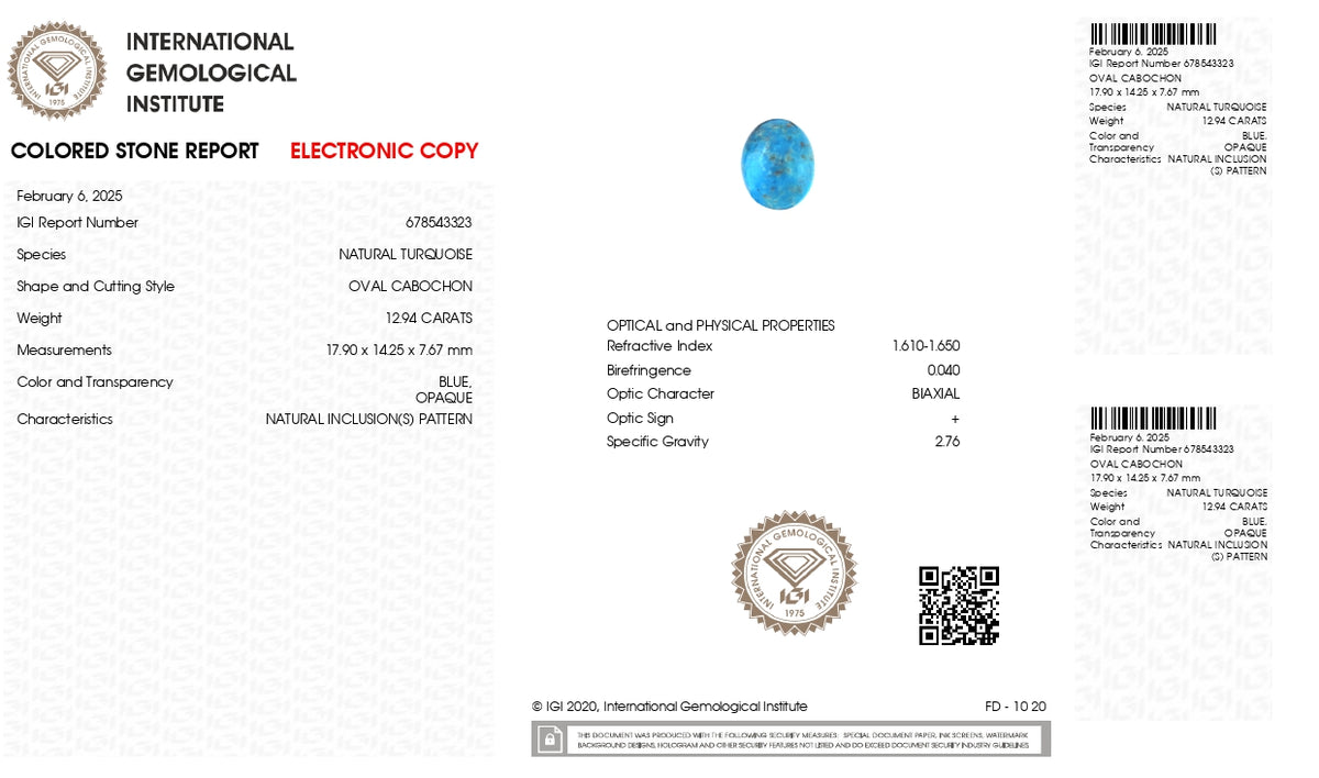 Irani Firoza (Turquoise) 12.94 Carats / 14.22 Ratti