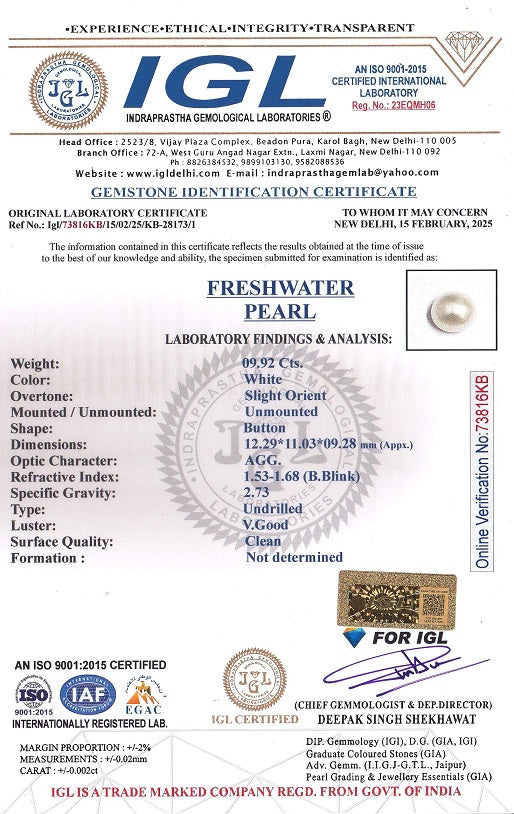 Fresh Water Pearl 9.92 Carats / 10.9 Ratti