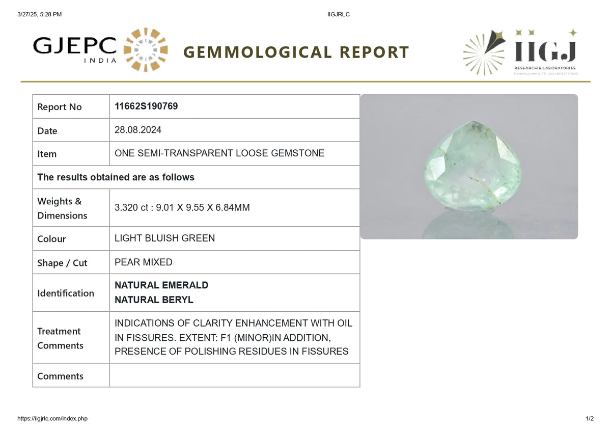Minor Oil Columbian Emerald 3.32 Carats / 3.65 Ratti