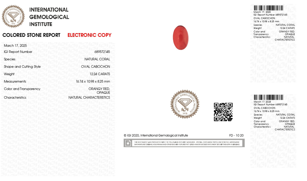 Italian Red Coral 12.24 Carats / 13.45 Ratti
