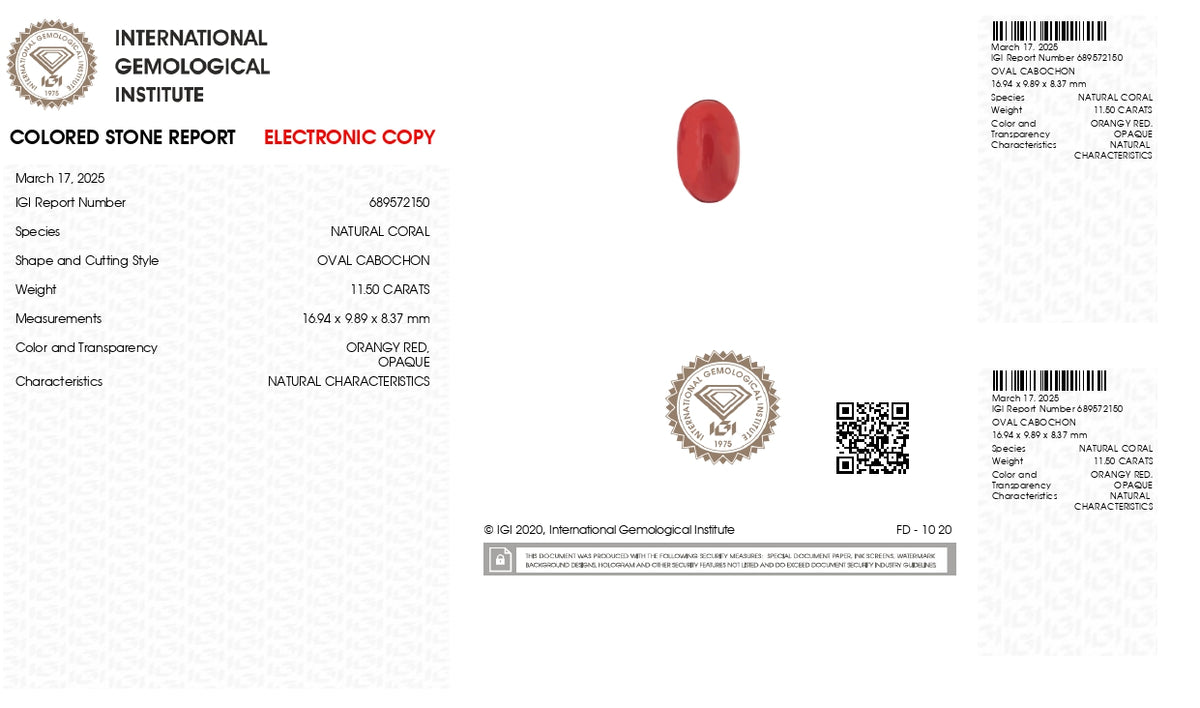 Italian Red Coral 11.50 Carats / 12.64 Ratti