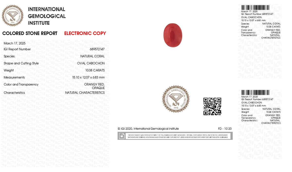 Italian Red Coral 10.38 Carats / 11.41 Ratti