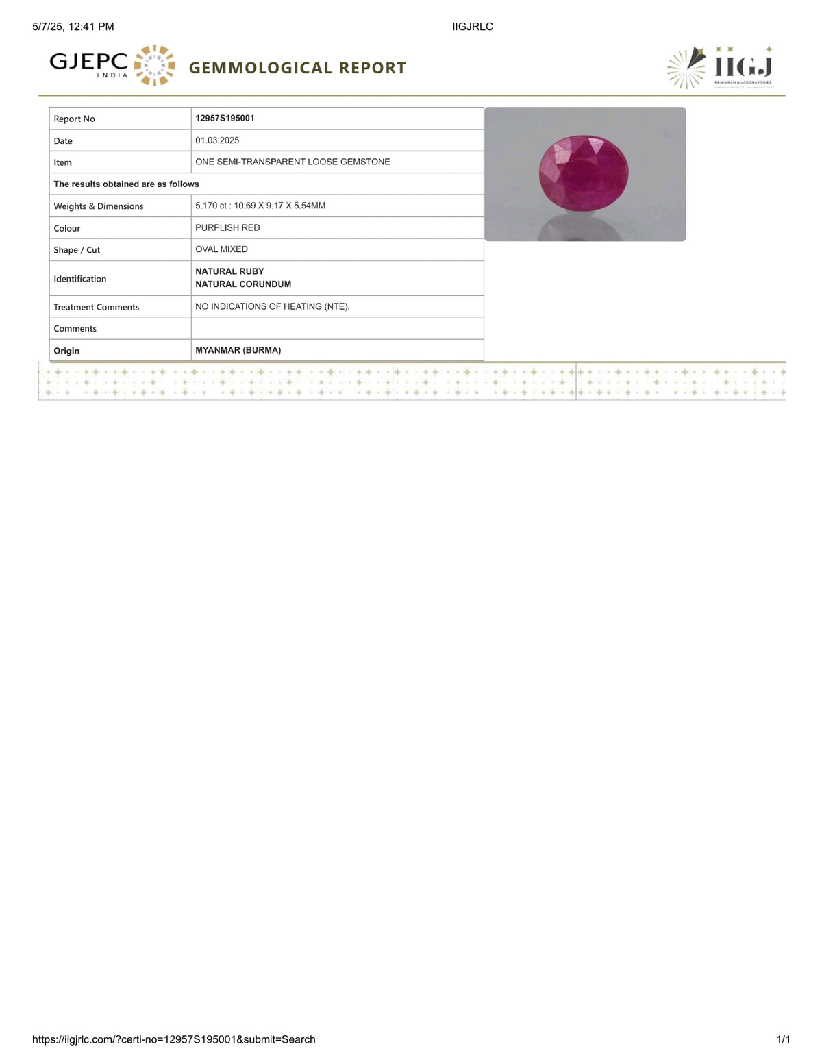 Burmese Ruby (Manik) 5.17 Carats / 5.68 Ratti