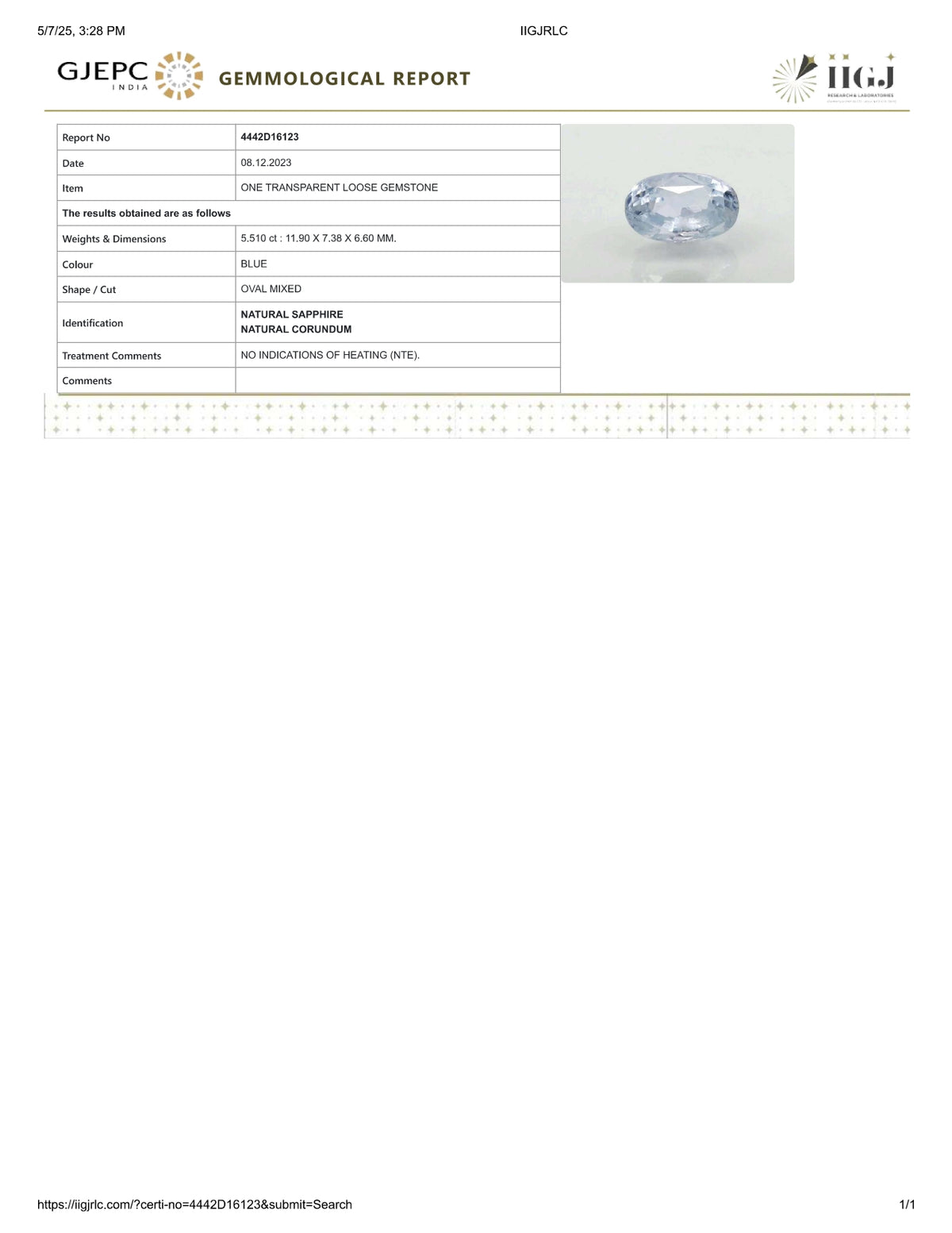 Natural Blue Sapphire 5.51 Carats / 6.05 Ratti