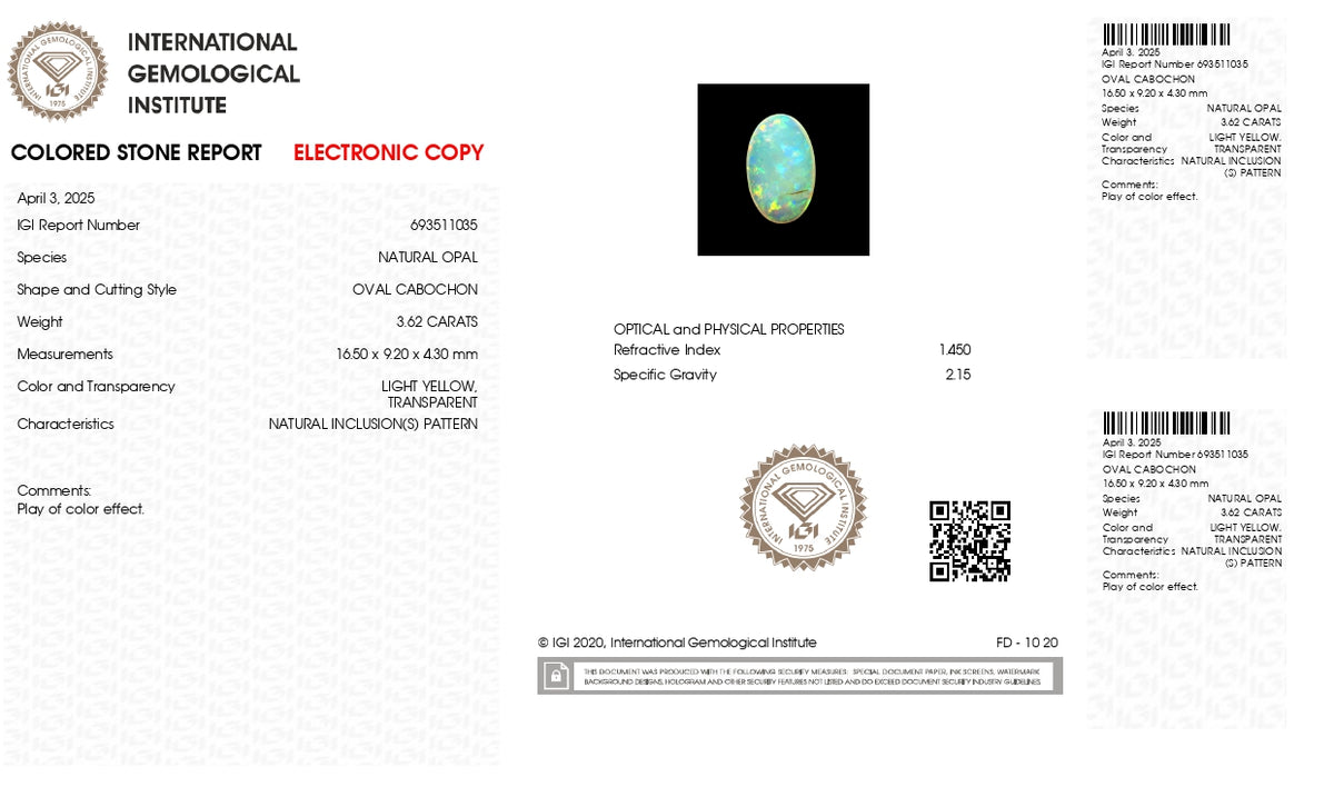 White Opal With Fire 3.62 Carats / 3.98 Ratti