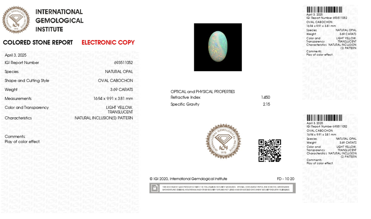 White Opal With Fire 3.69 Carats / 4.05 Ratti