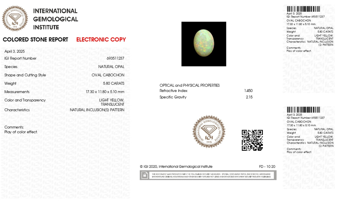 White Opal With Fire 5.80 Carats / 6.37 Ratti