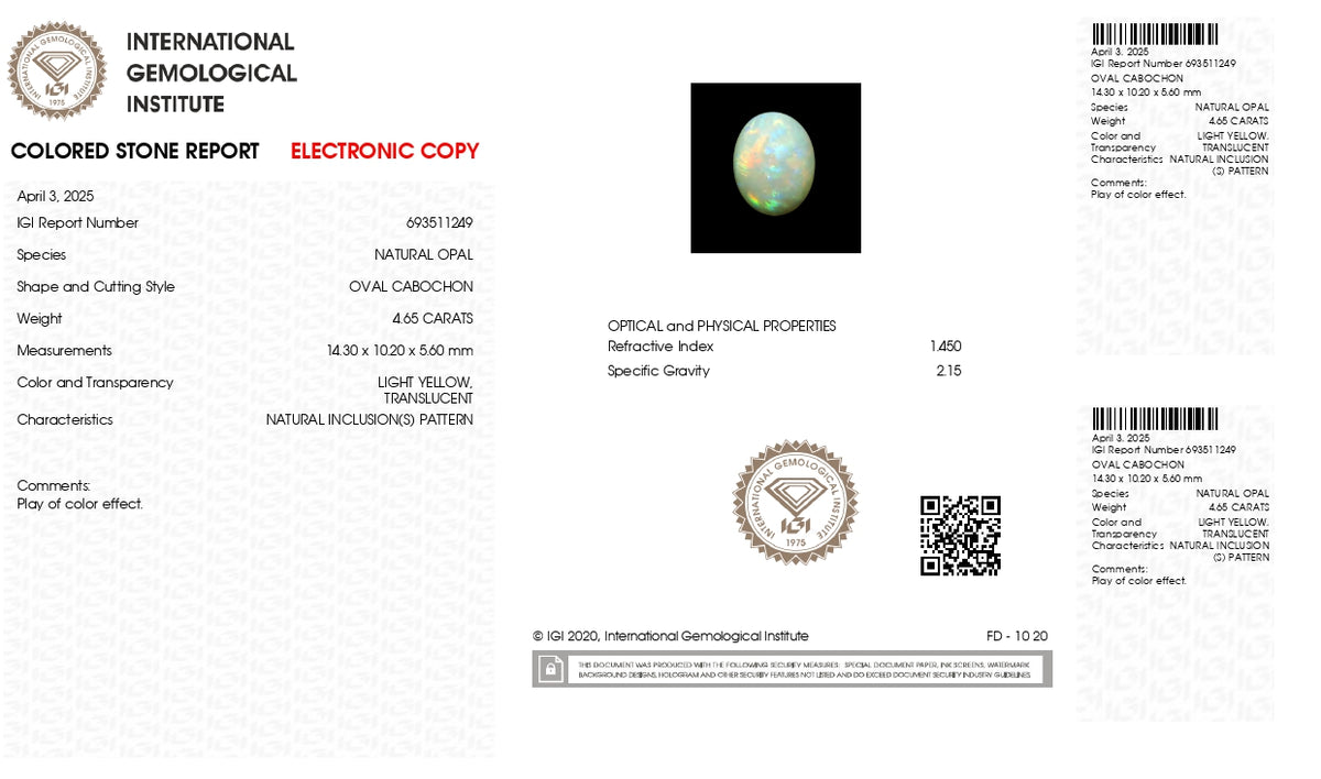 White Opal With Fire 4.65 Carats / 5.11 Ratti