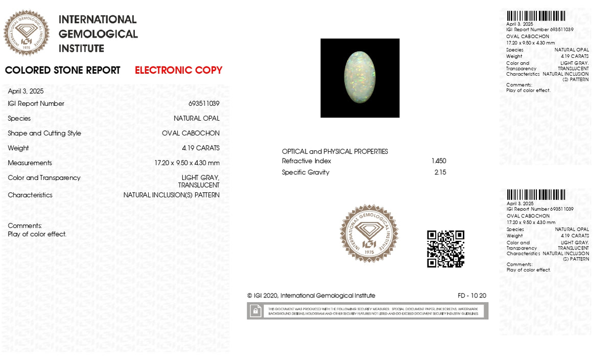 White Opal With Fire 4.19 Carats / 4.6 Ratti
