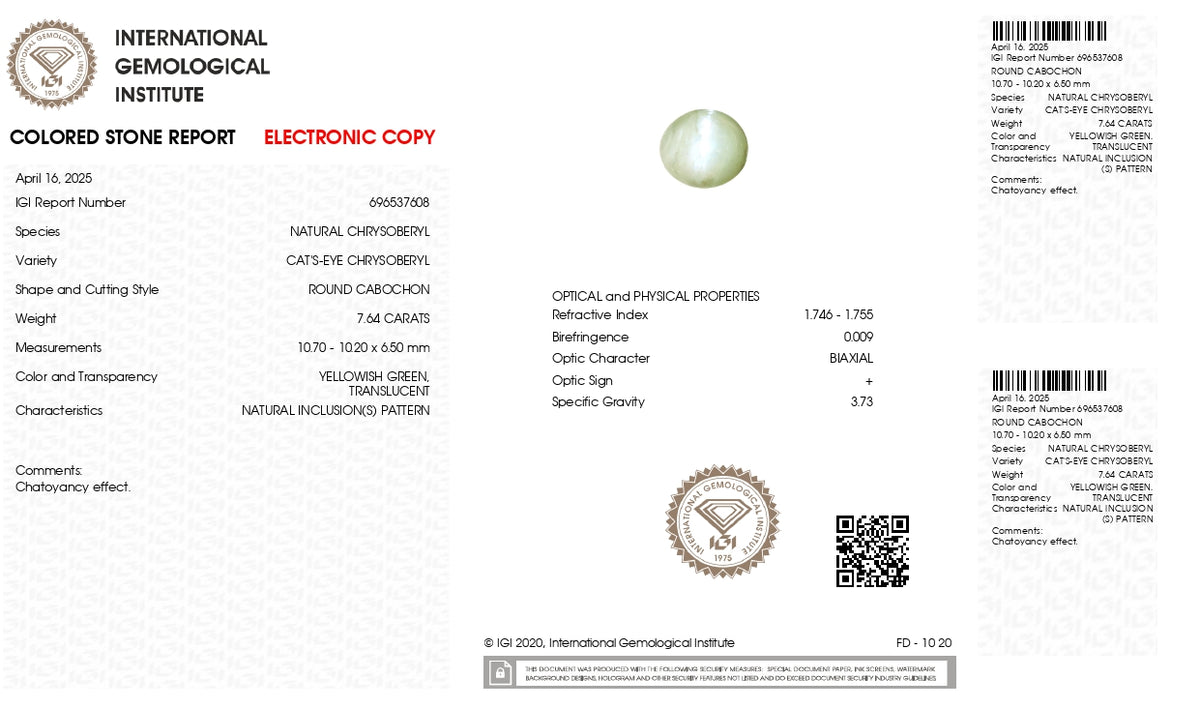 Cat's Eye (Lehsuniya) 7.64 Carats / 8.4 Ratti
