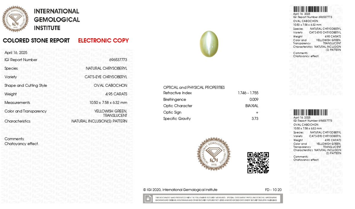 Cat's Eye (Lehsuniya) 4.95 Carats / 5.44 Ratti
