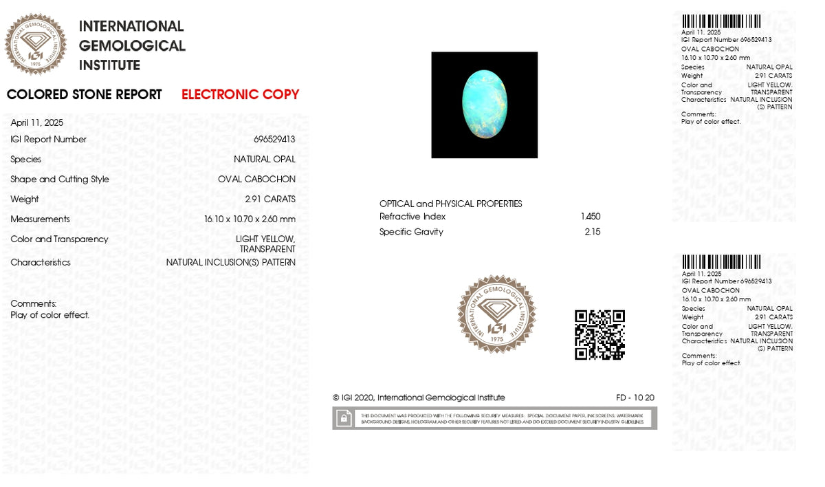 White Opal With Fire 2.91 Carats / 3.2 Ratti
