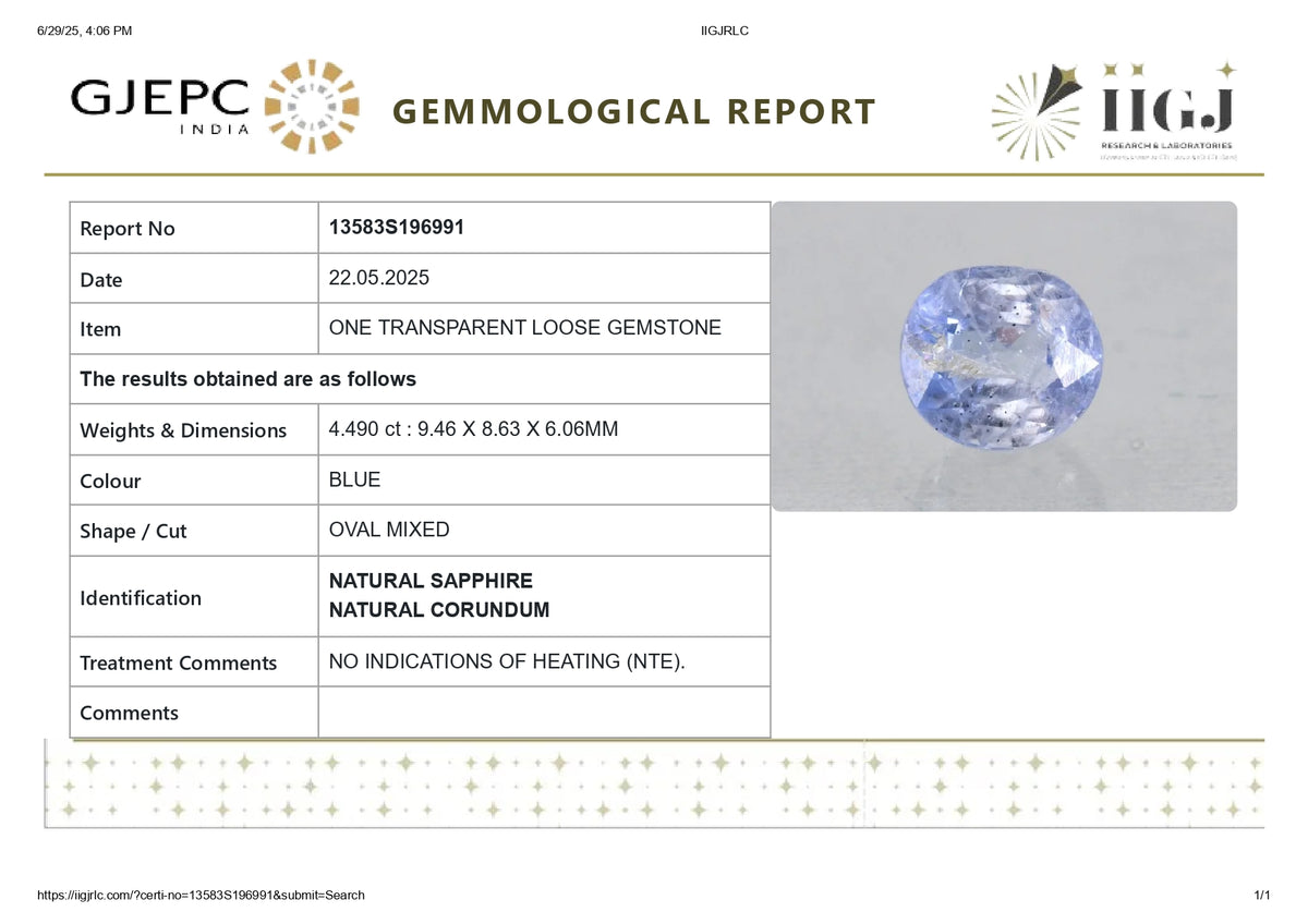 Natural Blue Sapphire 4.49 Carats / 4.93 Ratti