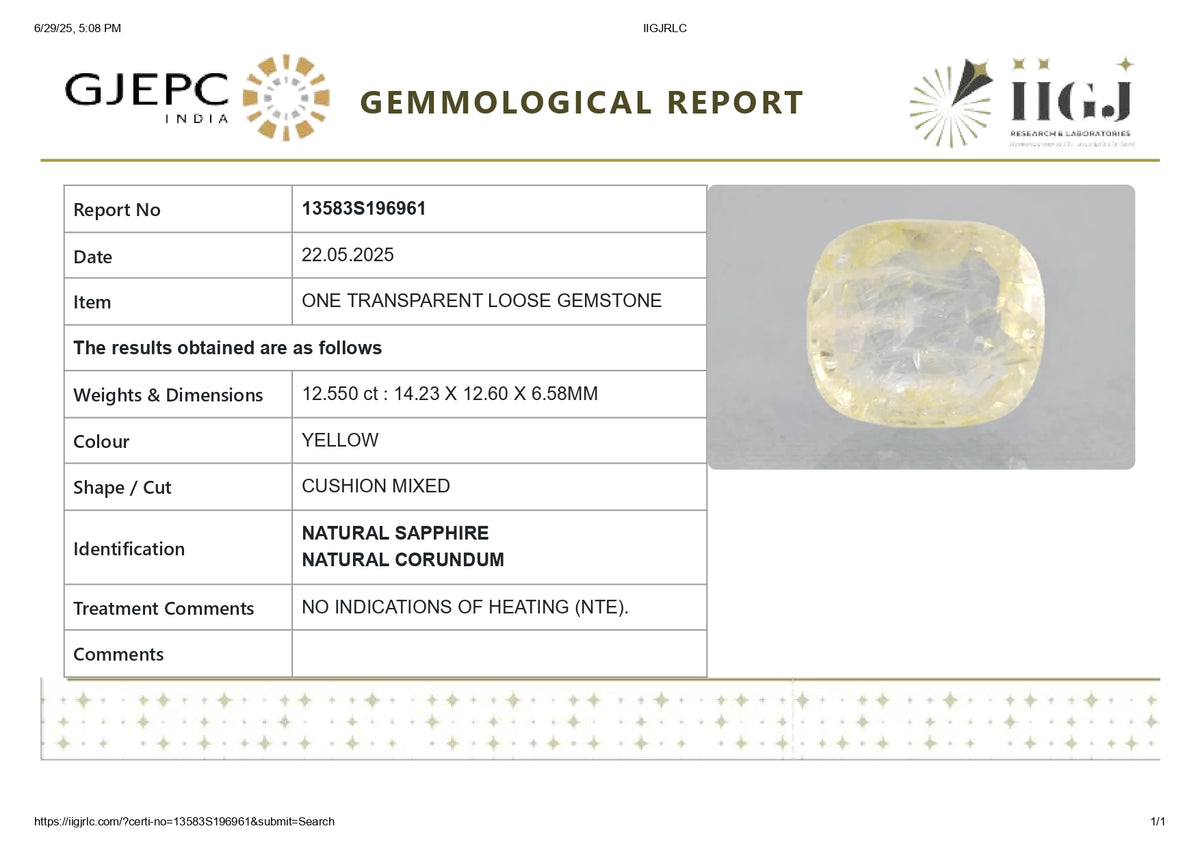 Natural Yellow Sapphire 12.55 Carats / 13.79 Ratti