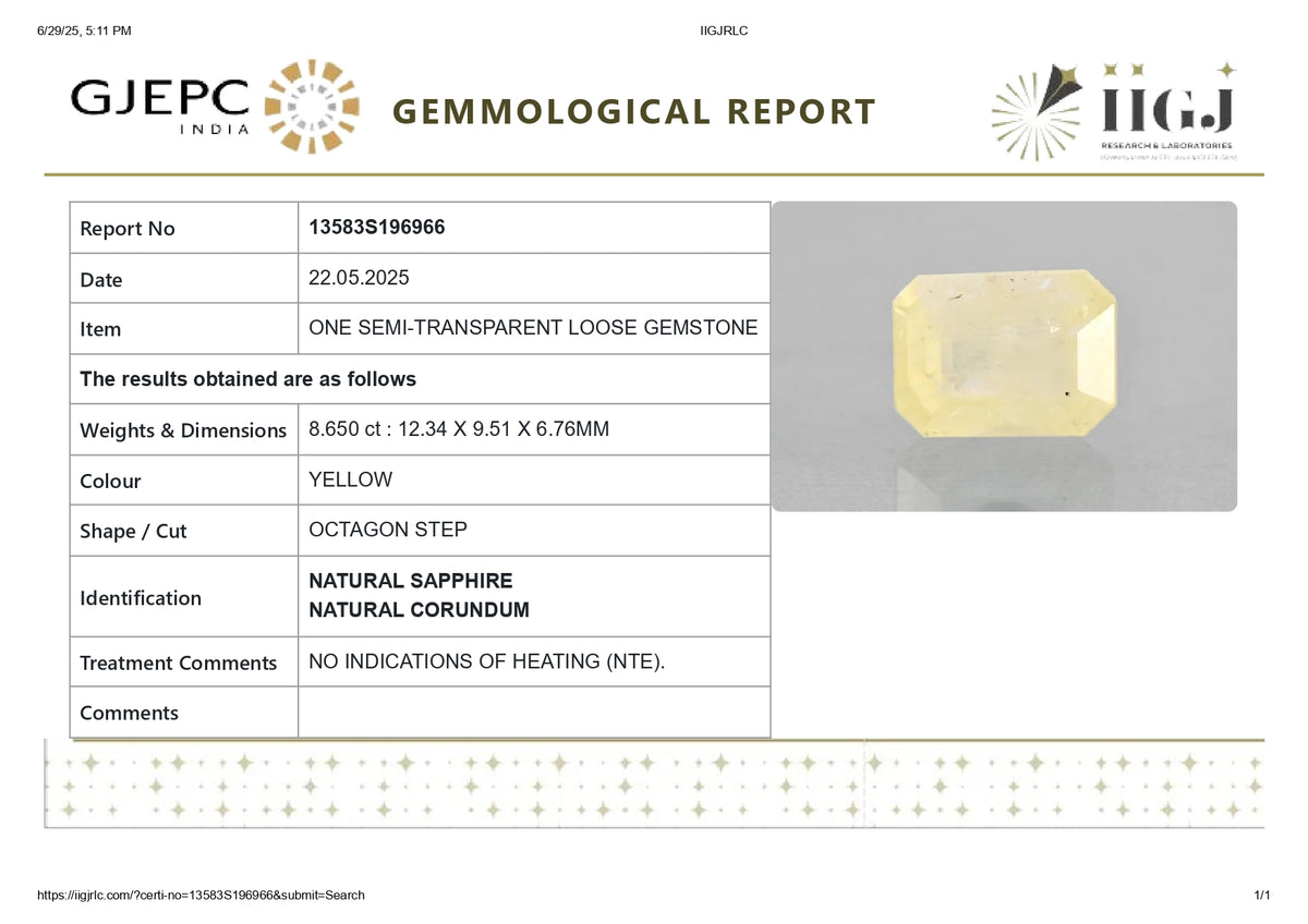 Natural Yellow Sapphire 8.65 Carats / 9.51 Ratti