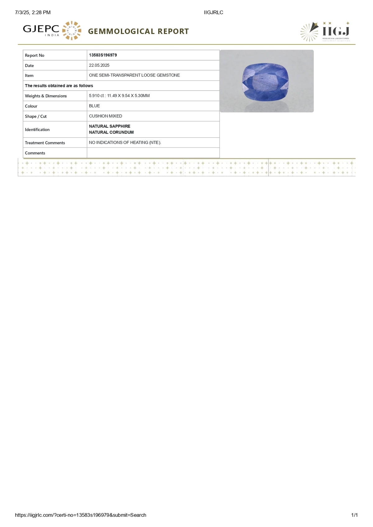 Natural Blue Sapphire 5.91 Carats / 6.49 Ratti