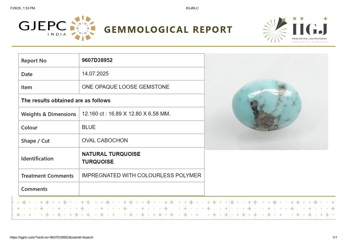 Irani Firoza (Turquoise) 12.16 Carats / 13.36 Ratti