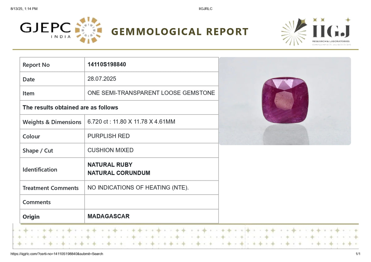 Madagascar Ruby (Manik) 6.72 Carats / 7.38 Ratti
