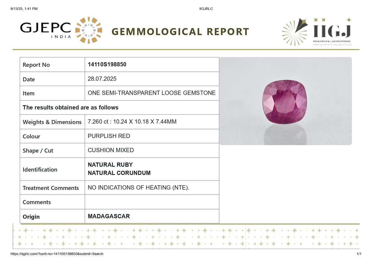 Madagascar Ruby (Manik) 7.26 Carats / 7.98 Ratti