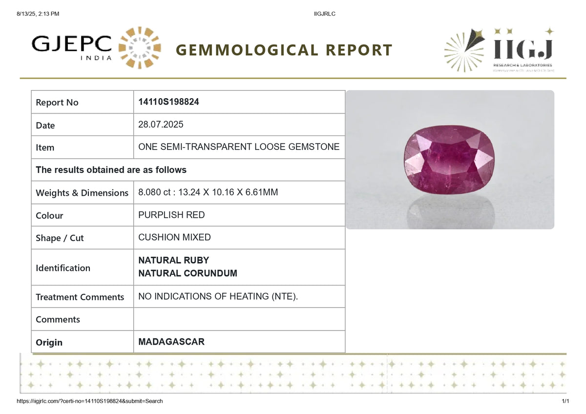 Madagascar Ruby (Manik) 8.08 Carats / 8.88 Ratti