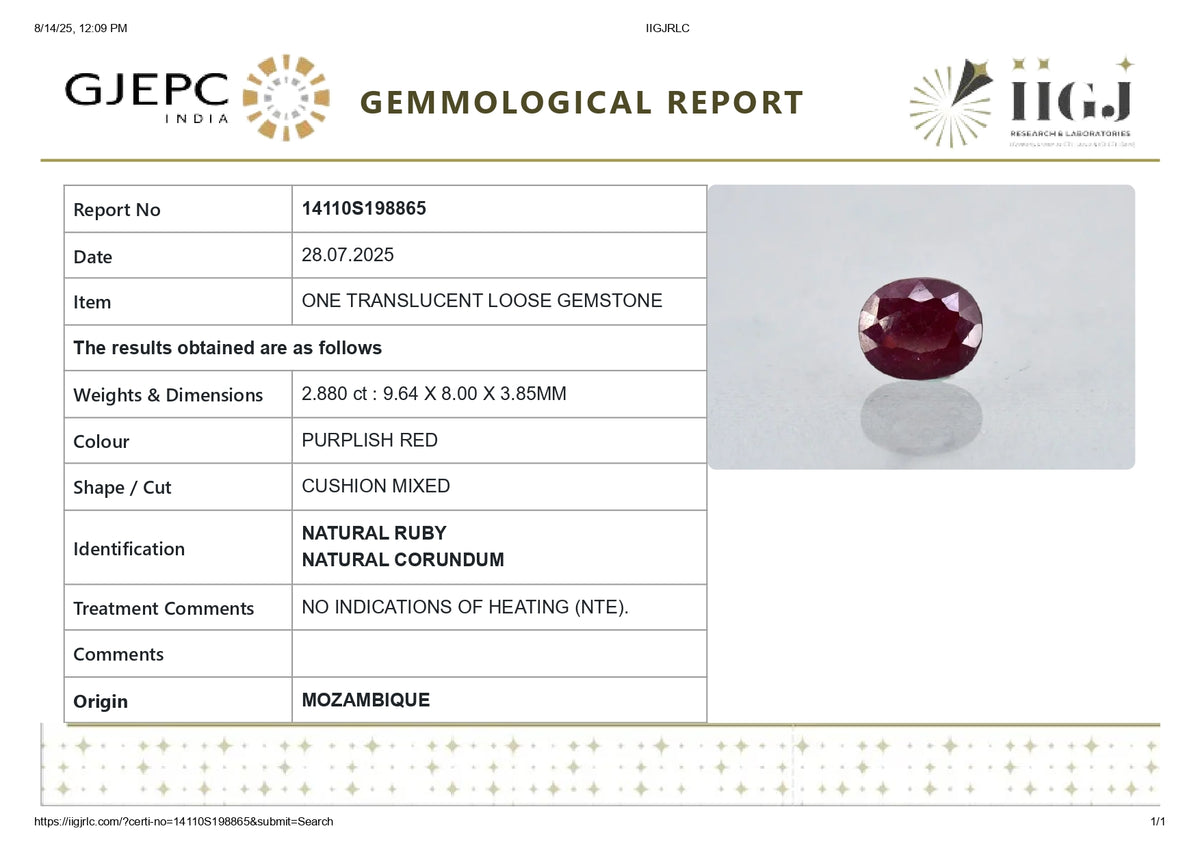 Mozambique Ruby (Manik) 2.88 Carats / 3.16 Ratti