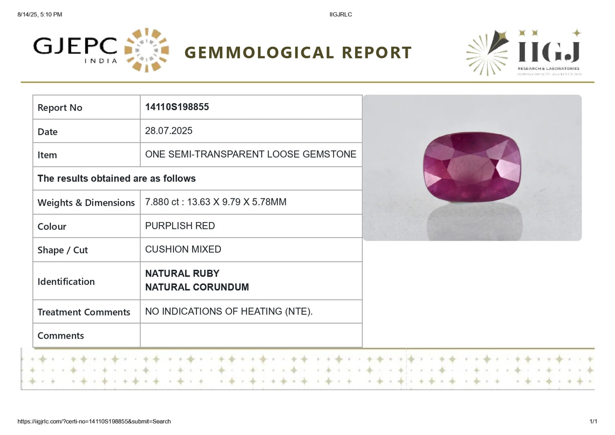 Mozambique Ruby (Manik) 7.88 Carats / 8.66 Ratti