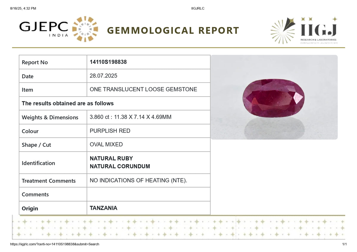 Natural Ruby (Manik) 3.86 Carats / 4.24 Ratti