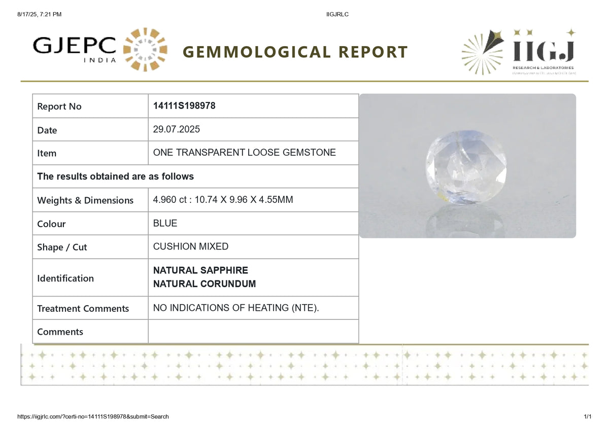Natural Blue Sapphire 4.96 Carats / 5.45 Ratti