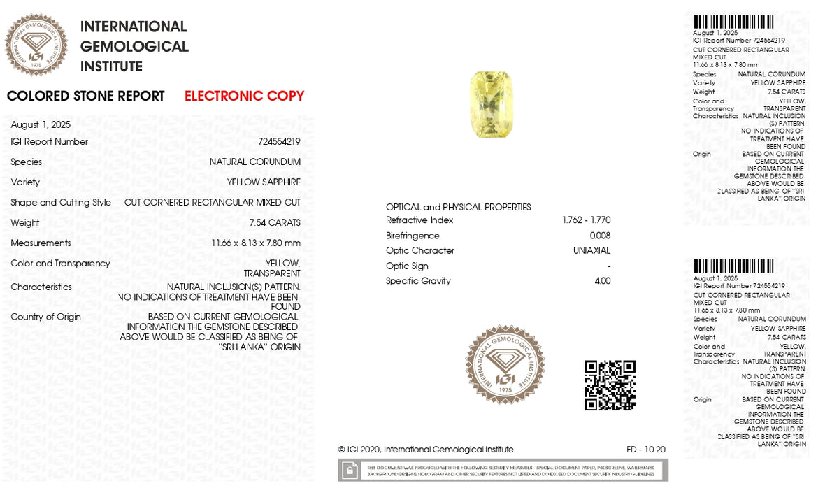 Natural Yellow Sapphire 7.54 Carats / 8.29 Ratti